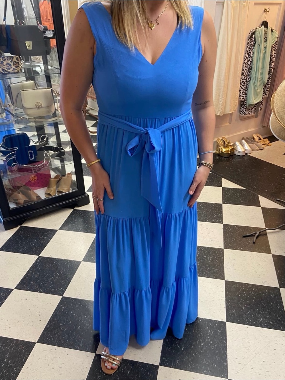 Lilly Pulitzer Cobalt Blue V-Neck Tiered Maxi Dress with Waist Tie